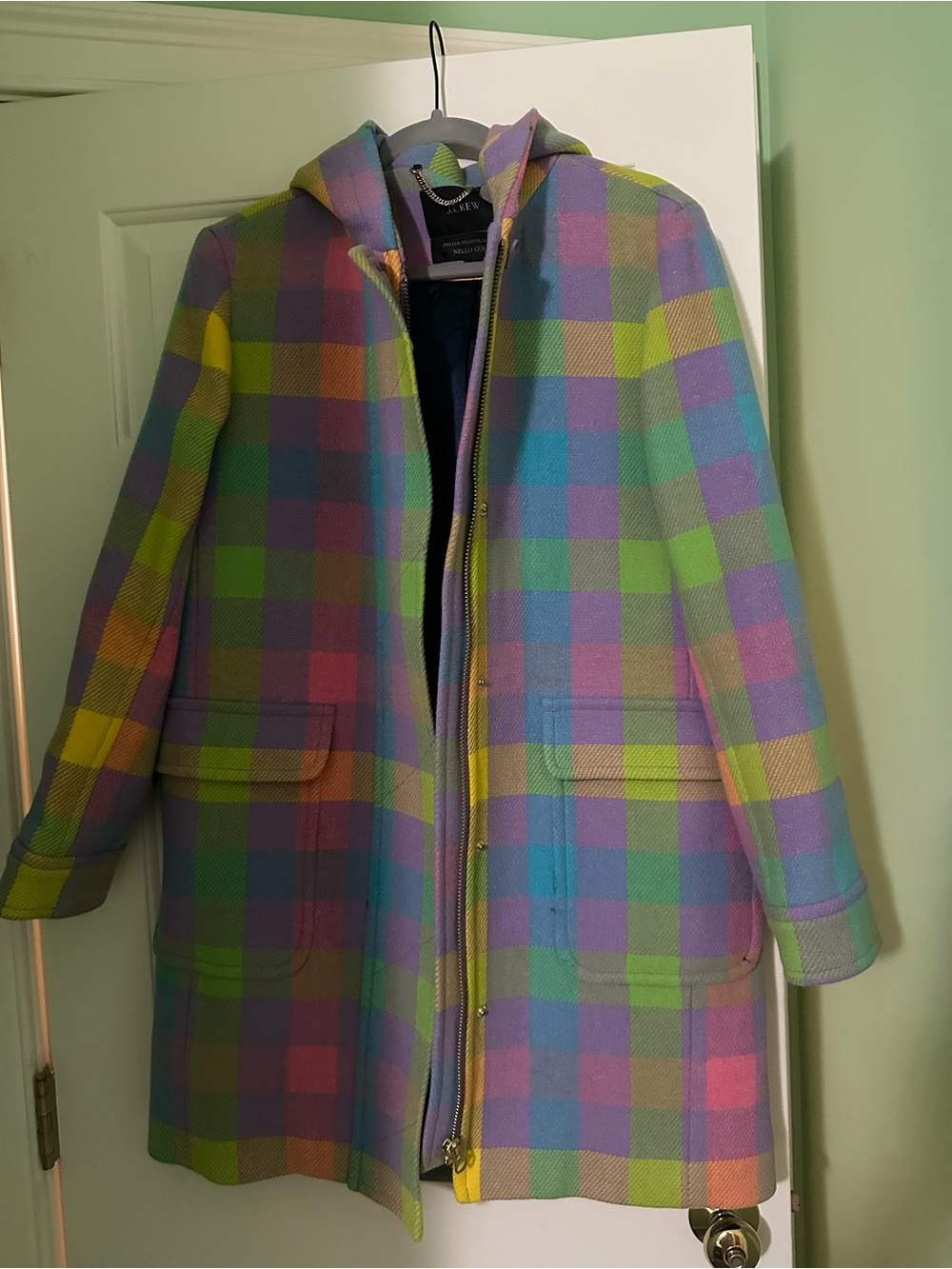 J. Crew Colorful Plaid Hooded Zip Coat with Nello Gori Italian stadium cloth